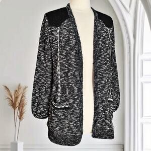 Miss Me Long Length Cardigan Sweater Jacket Sz S Black Tweed Cowboy Inspired Boh